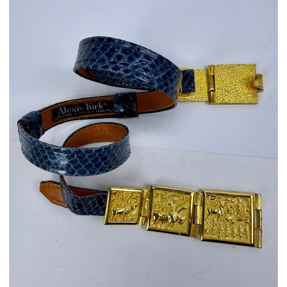 Alexis Kirk Vintage 90's  Blue Snakeskin Leather Belt Egyptian Link Adjustable